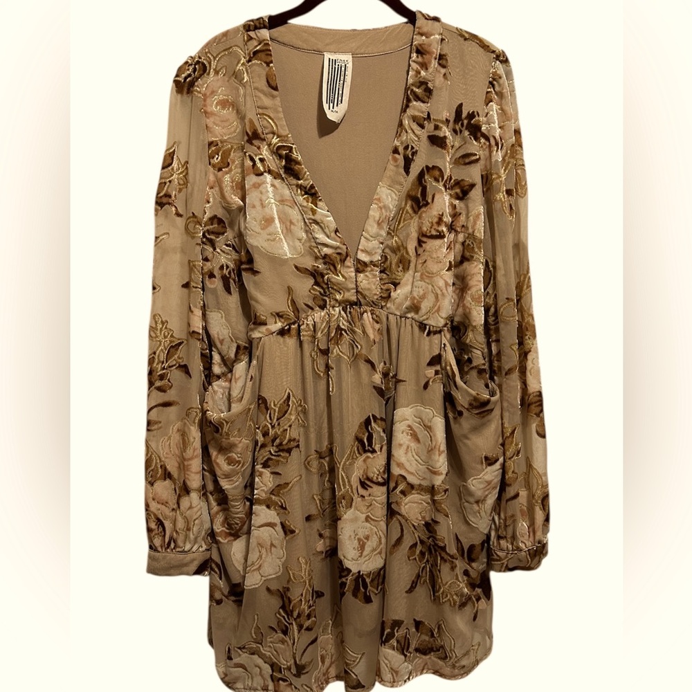 Free People Beige Floral Velvet Burnout Long Sleeve Dress
